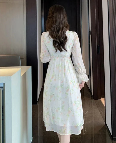 Chiffon Splice Midi Dress – Loose Fit Korean Style 2025