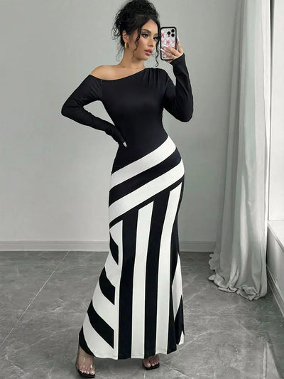 Black & White Patchwork Knitted Maxi Dress – Slim Streetwear