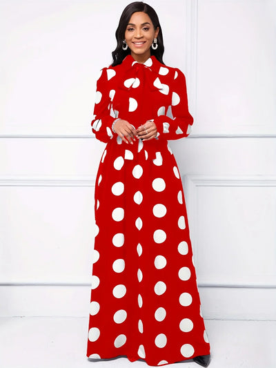 Polka Dot Maxi Dress – Elegant Bow Tie Casual Style