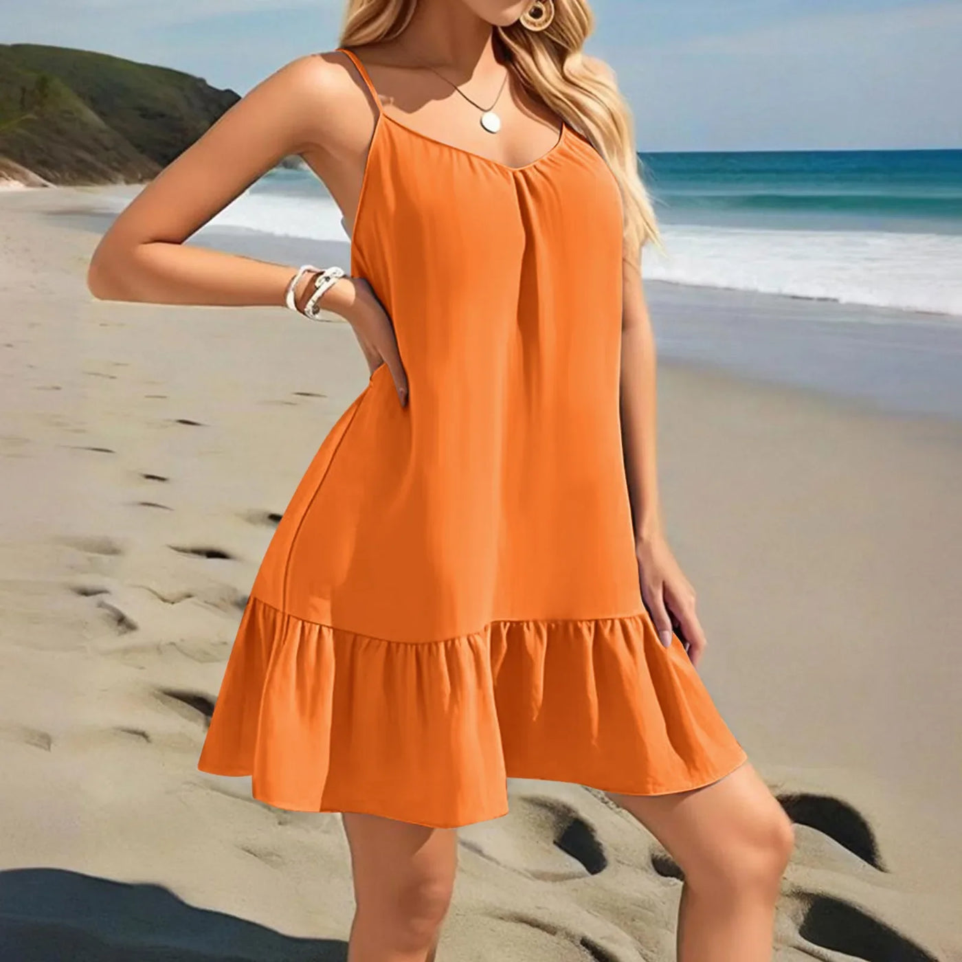 Spaghetti Strap Ruffle Dress – Sleeveless Beach Look