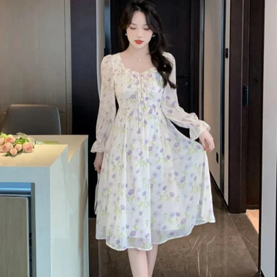 Chiffon Splice Midi Dress – Loose Fit Korean Style 2025