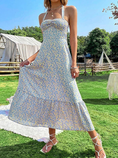 Green Floral Backless Ruffle Midi Dress – Summer 2024