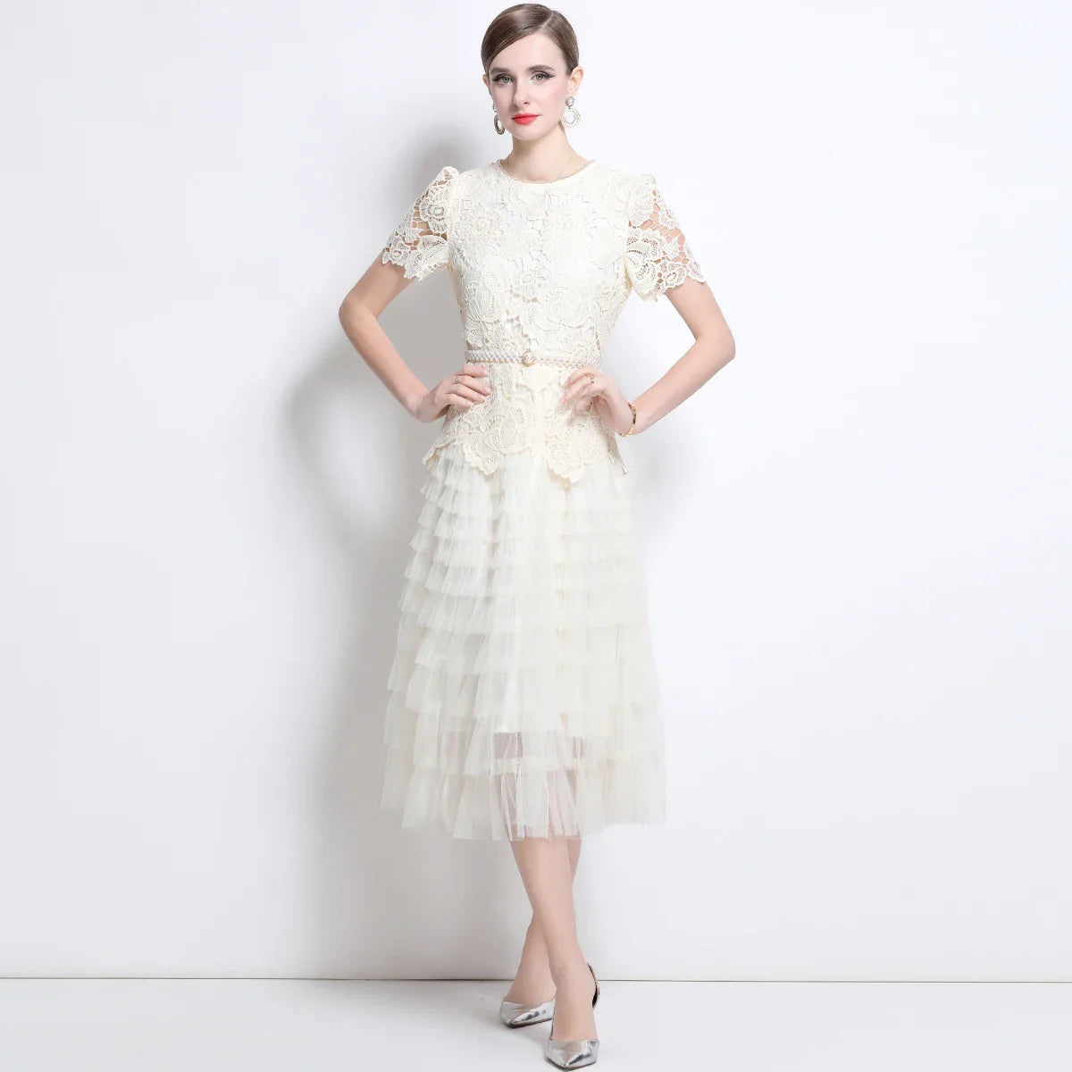 Luxury Lace Embroidered Midi Dress – A-Line Party Style 2025
