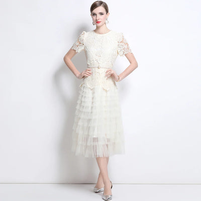 Luxury Lace Embroidered Midi Dress – A-Line Party Style 2025