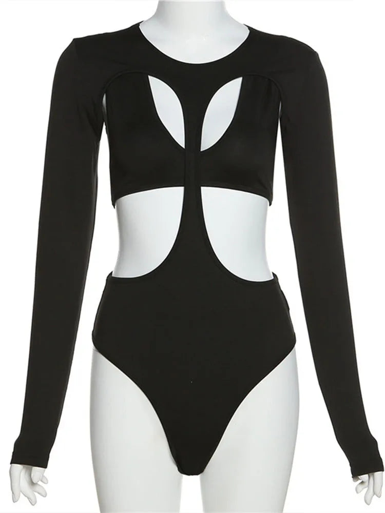 Cut-Out Bodysuit – Sexy Long Sleeve Skinny Fit in Black