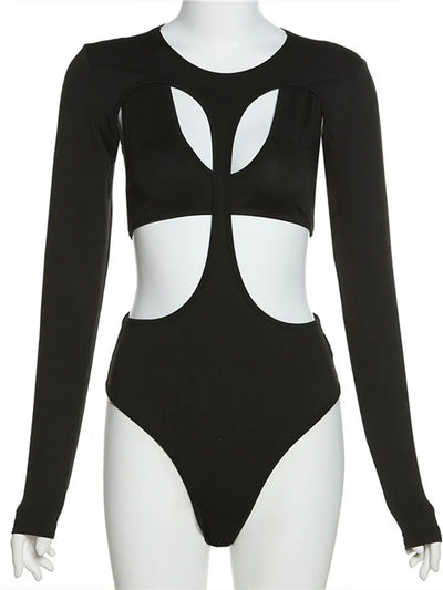 Cut-Out Bodysuit – Sexy Long Sleeve Skinny Fit in Black