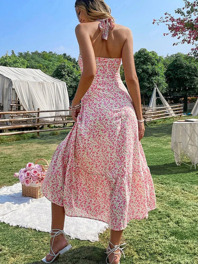 Green Floral Backless Ruffle Midi Dress – Summer 2024