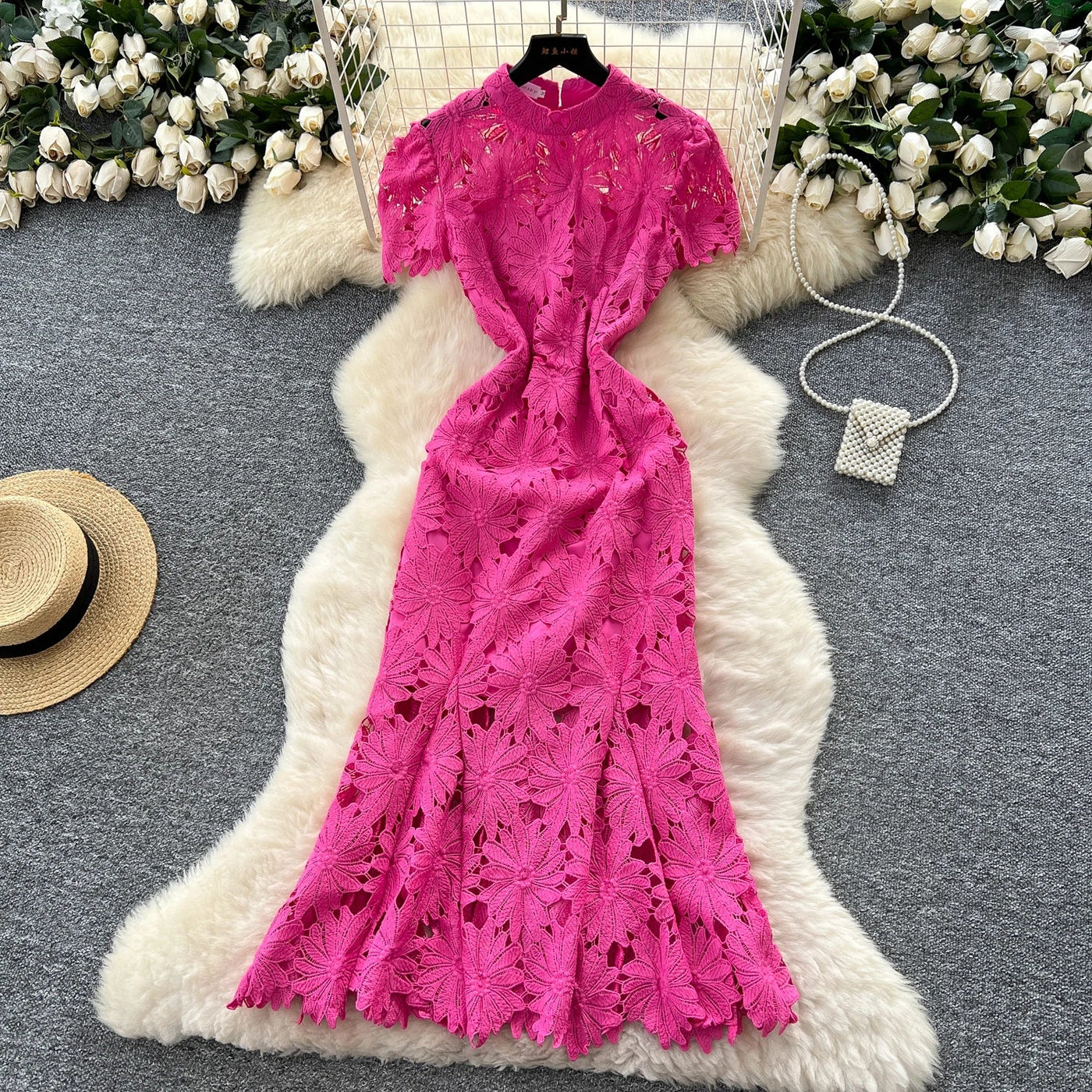 Slim Fit Lace Maxi Dress – French Hollow Out Style
