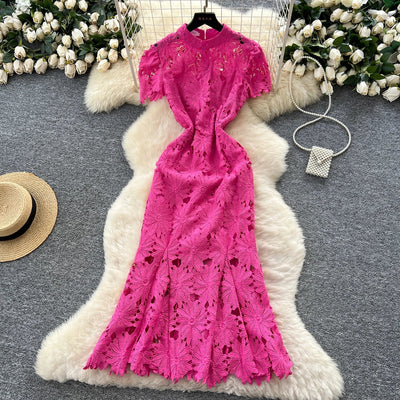 Slim Fit Lace Maxi Dress – French Hollow Out Style