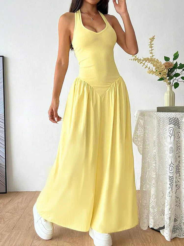 Backless Halter Maxi Dress – Solid Color V-Neck Slim Fit for Summer