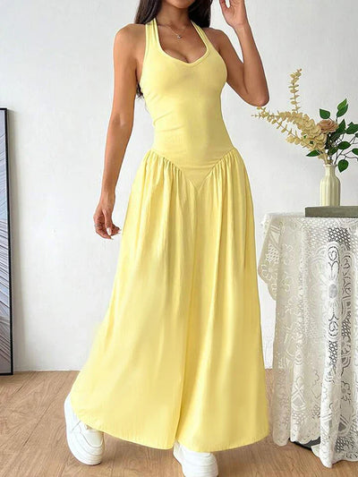 Backless Halter Maxi Dress – Solid Color V-Neck Slim Fit for Summer