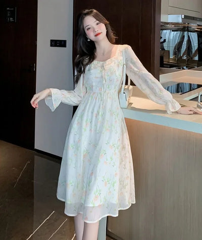 Chiffon Splice Midi Dress – Loose Fit Korean Style 2025