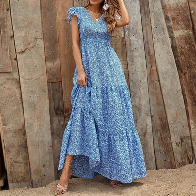 Printed V-Neck Split Dress – Summer High Waist Style