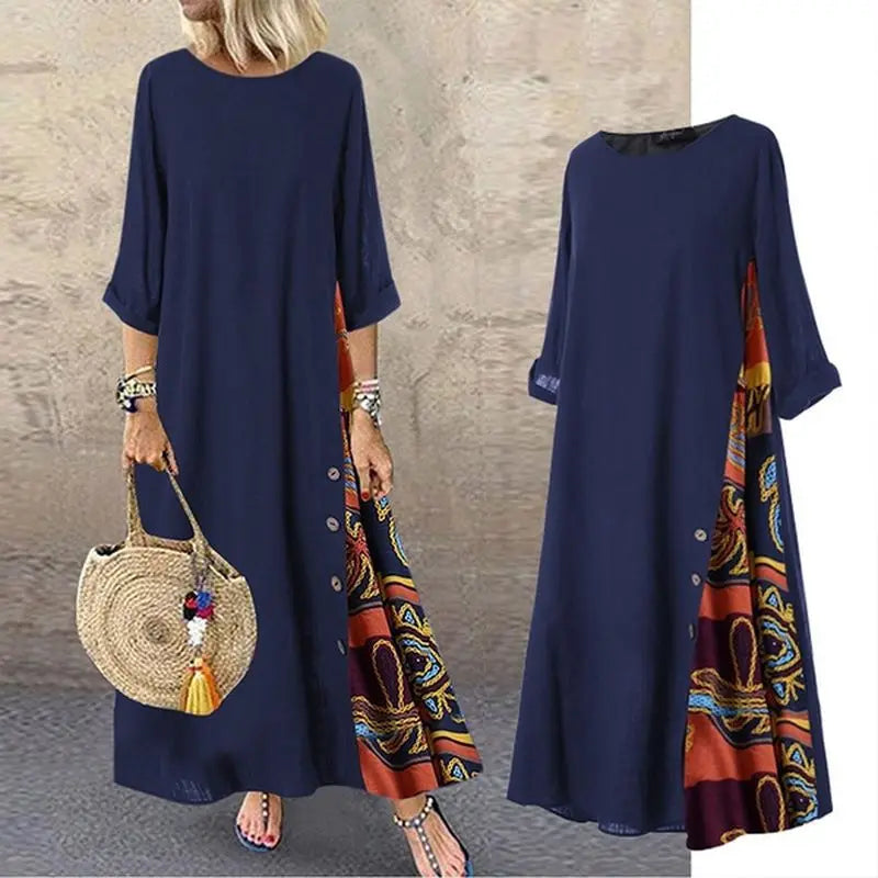 Vintage Print Maxi Dress – Elegant O-Neck Mid Sleeve Streetwear Style
