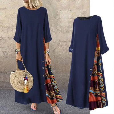Vintage Print Maxi Dress – Elegant O-Neck Mid Sleeve Streetwear Style