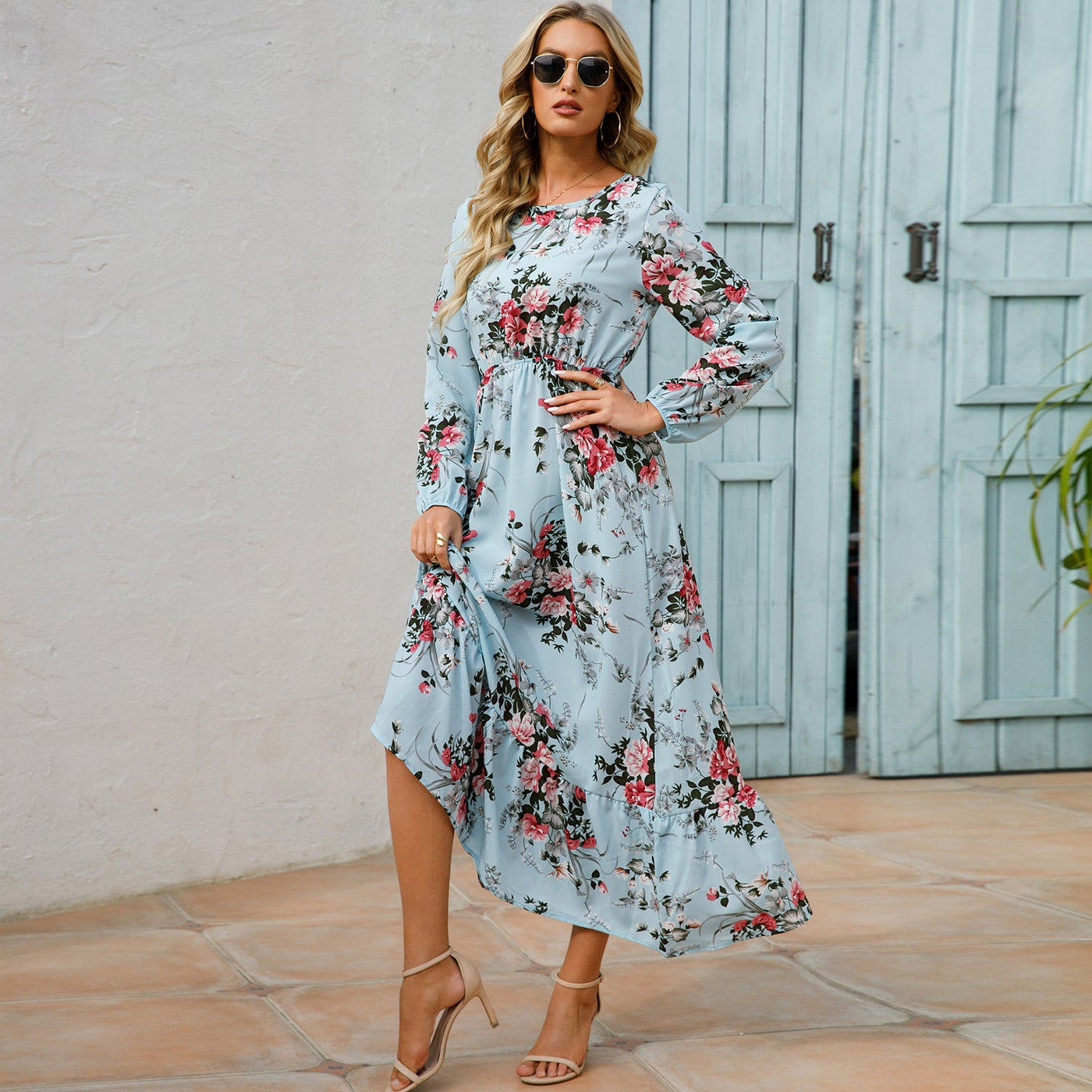 Bohemian Floral Maxi Dress – High Waist Chiffon Look