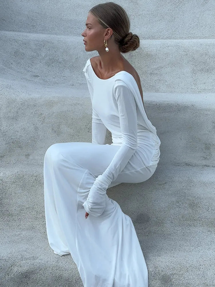 Backless White Long Sleeved Fit Dress