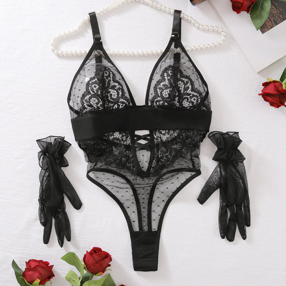 Polka Dot Lace Mesh Bodysuit