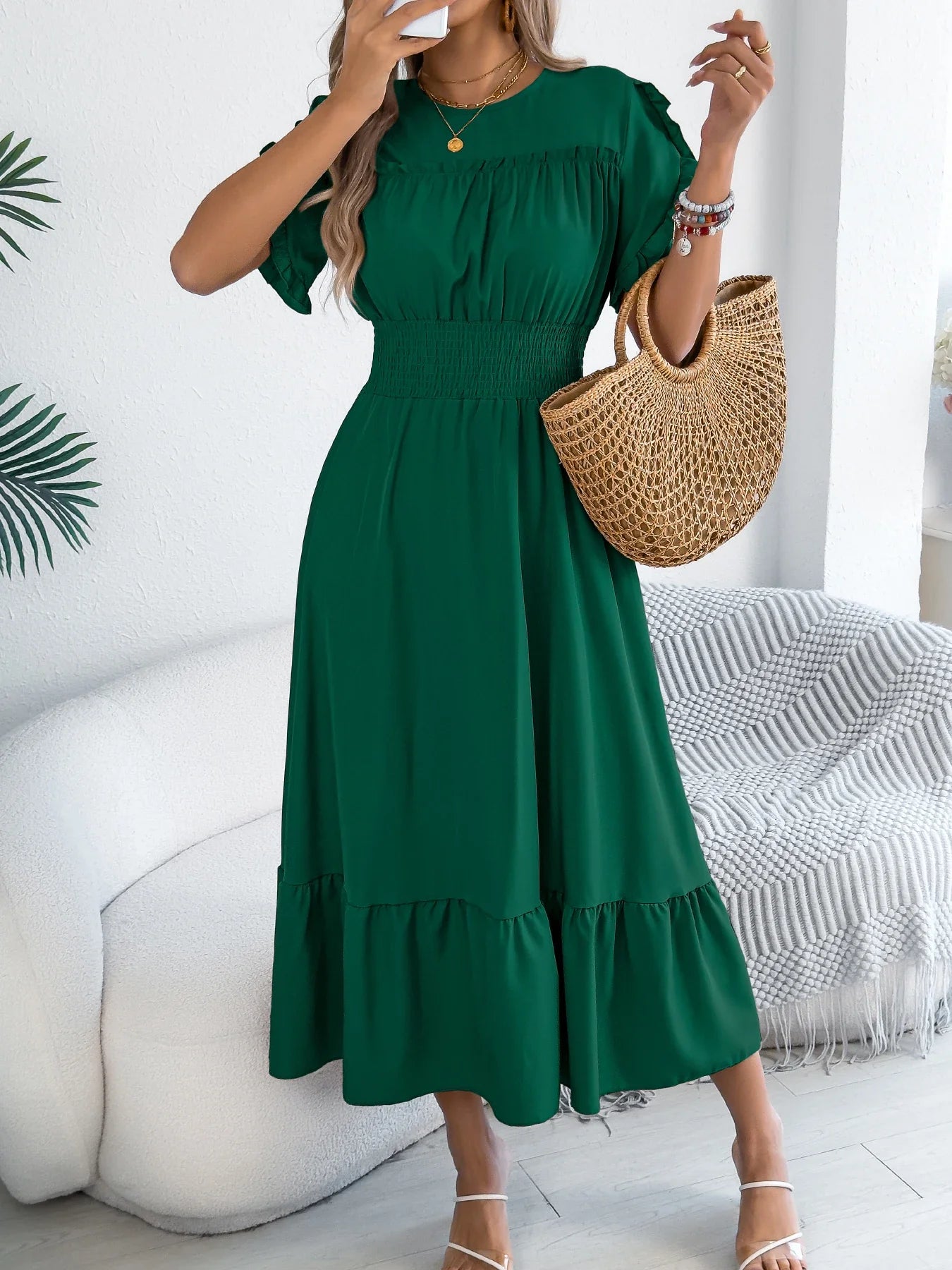 Ruffle Maxi Dress – Cinched Waist Elegant Spring Look