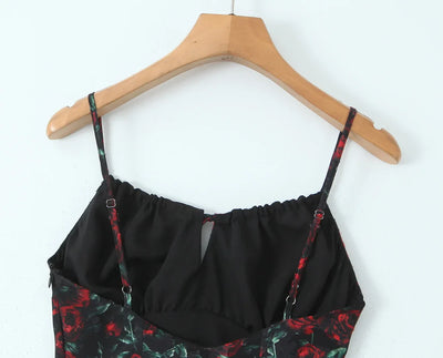 Vintage Floral Bodycon Midi Dress – Black Tie Front (Summer 2025)
