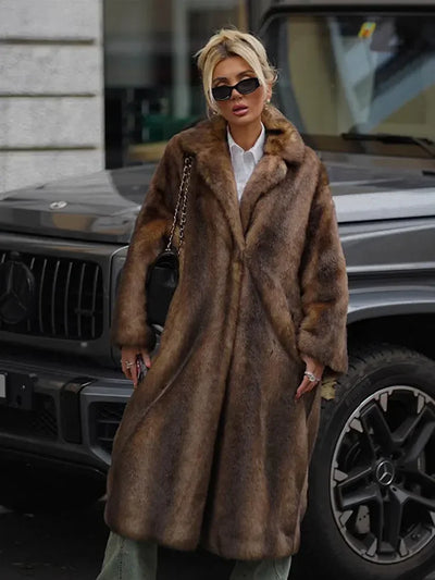 Dark Brown Faux Fur Long Overcoat