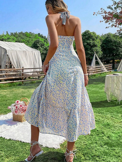 Green Floral Backless Ruffle Midi Dress – Summer 2024