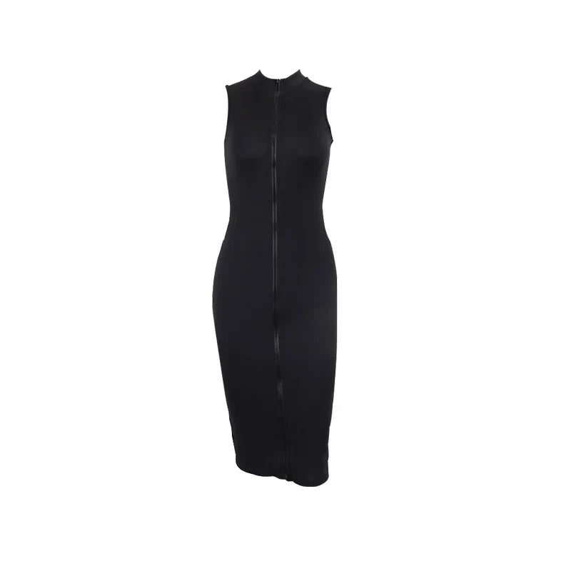 Sleeveless Black Bodycon Dress – Zipper Streetwear Summer Style