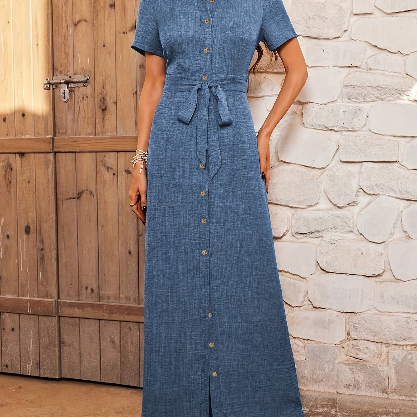 Casual Short Sleeve Belted Maxi Dress