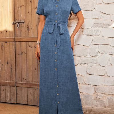 Casual Short Sleeve Belted Maxi Dress