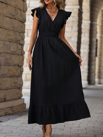 Elegant Black V-Neck Ruched Sleeve Dress