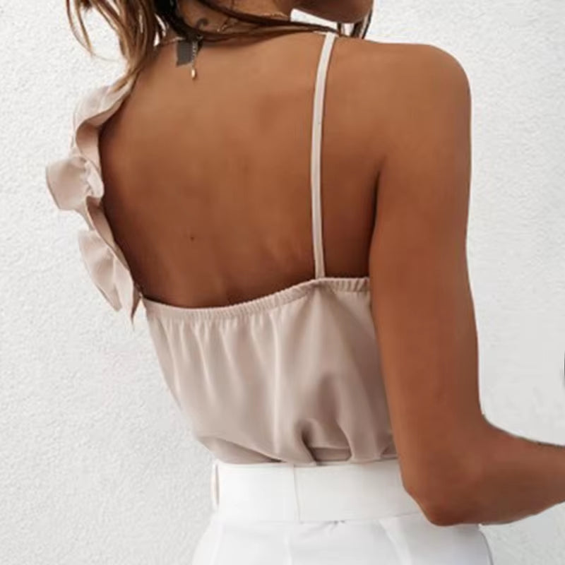 Women Blouse Shirts Sexy V Neck Ruffle Blouses Backless Spaghetti Strap Office Ladies Sleeveless Casual Tops