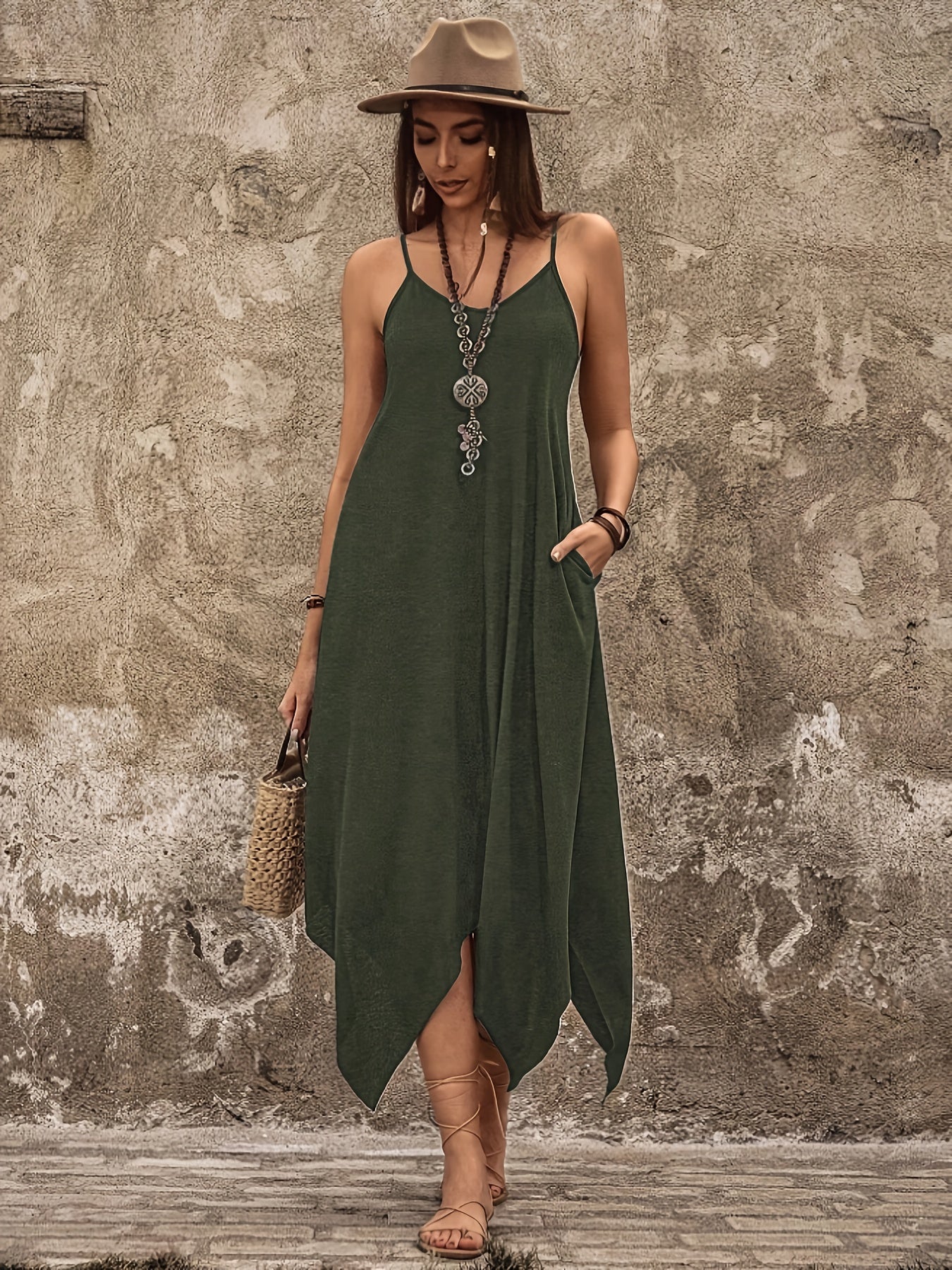 Elegant Olive Spaghetti Strap Dress