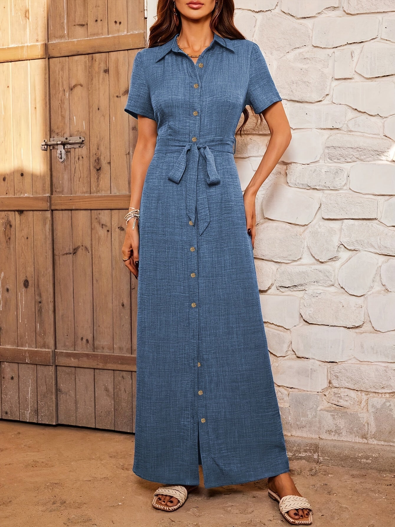 Casual Short Sleeve Belted Maxi Dress